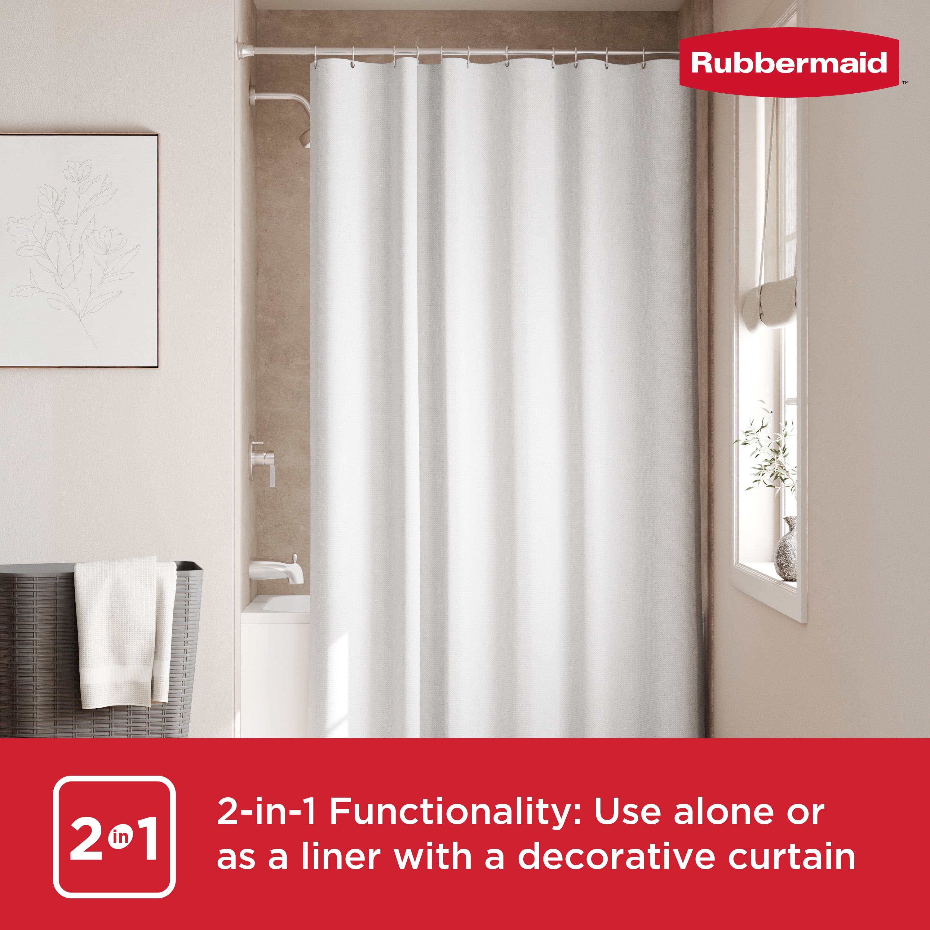 Rubbermaid White Waterproof Fabric Shower Curtain Liner, 70" x 72"