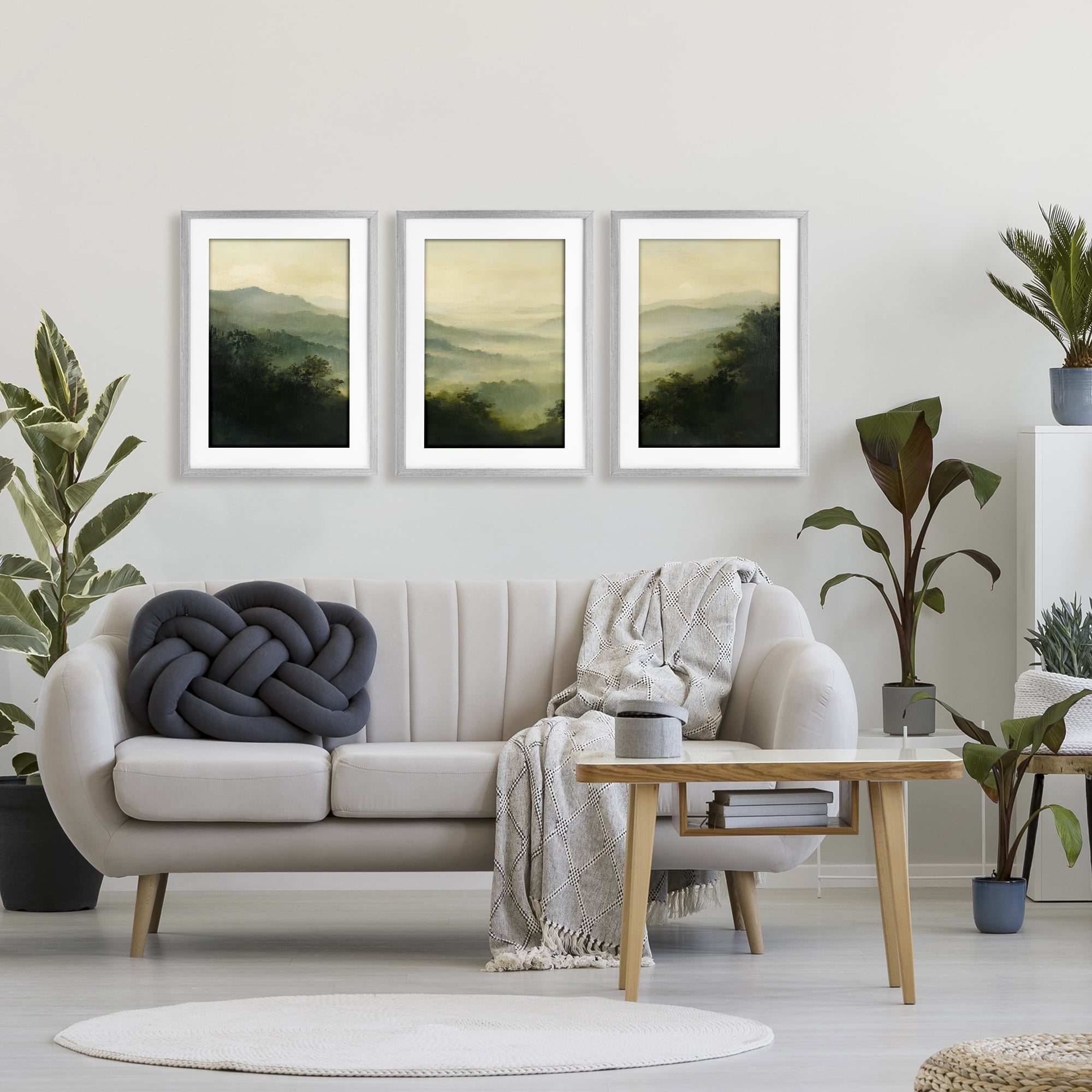 Stupell Industries Through The Haze Mountain Panorama 3 Piece Gray Framed Print Under Glass Set, design by Petal Prints Design