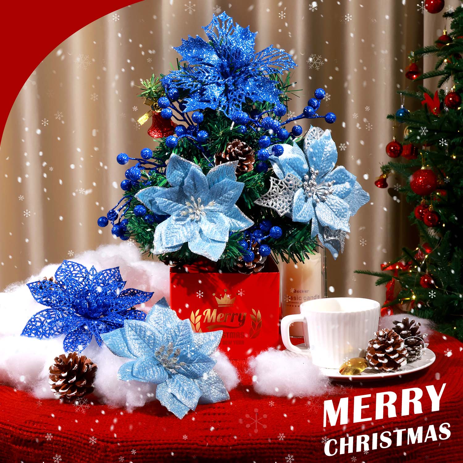 Ayieyill 56-Piece Christmas Decoration Set, Blue Poinsettia photo 4