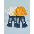 thumbnail image 3 of Loicainy Toddler Baby Girl Spring Fall Outfits 6 12 18 24 Months 2T 3T 4T Decorative Flowers Crew Neck Long Sleeve Sweatshirt and Flared Jeans 2 Pcs Kids Clothes Set, 3 of 9