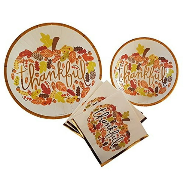 Fall Theme Party Supplies Thankful Pumpkin Thanksgiving Party Supplies 20 Count Extra Large Paper Plates Dessert Plates Large Napkins Walmart Com Walmart Com
