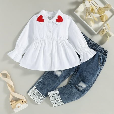 

FZM Christmas Baby Girls Boys Spring Autumn Long Sleeve Pants Shirt Lace Jeans Set Outfits Clothes