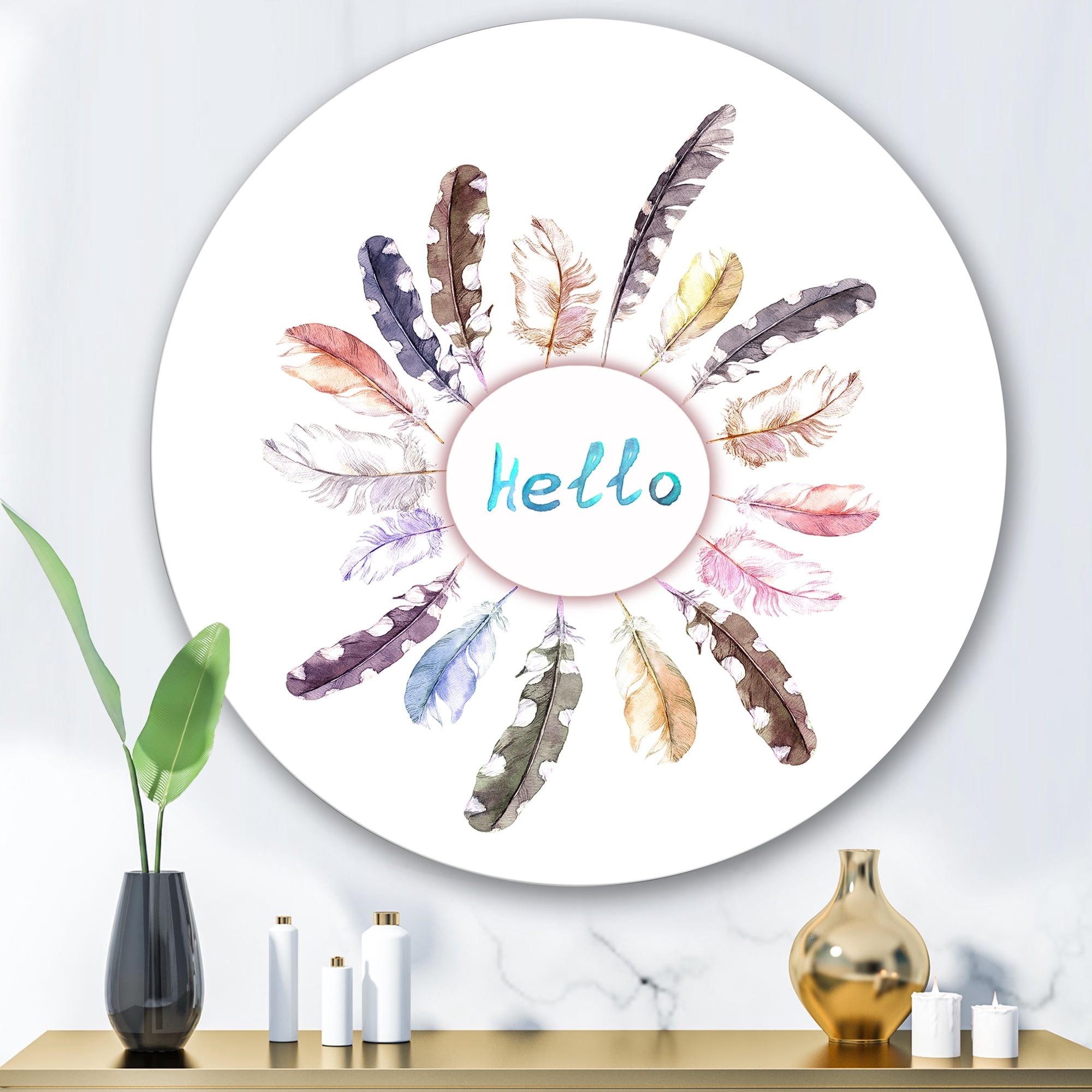 Designart 'Ancient Round Wreath With Birds Feathers' Bohemian & Eclectic Circle Metal Wall Art 36x36 - Disc of 36