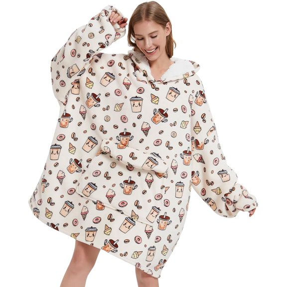Doughnut and Coffee Blanket Hoodies for Women and Men Adult Oversize Wearable Blanket Hoodies for Soft and Warm