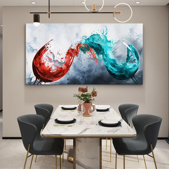 Pogusmavi Art Mural de Salle à Manger Verre de Vin sur Toile Images Murales Art de Cuisine Décoration Murale Tasses de Vin Bleu & Rouge Peinture Art Mural Moderne pour Salon Bureau Décoration Murale 2