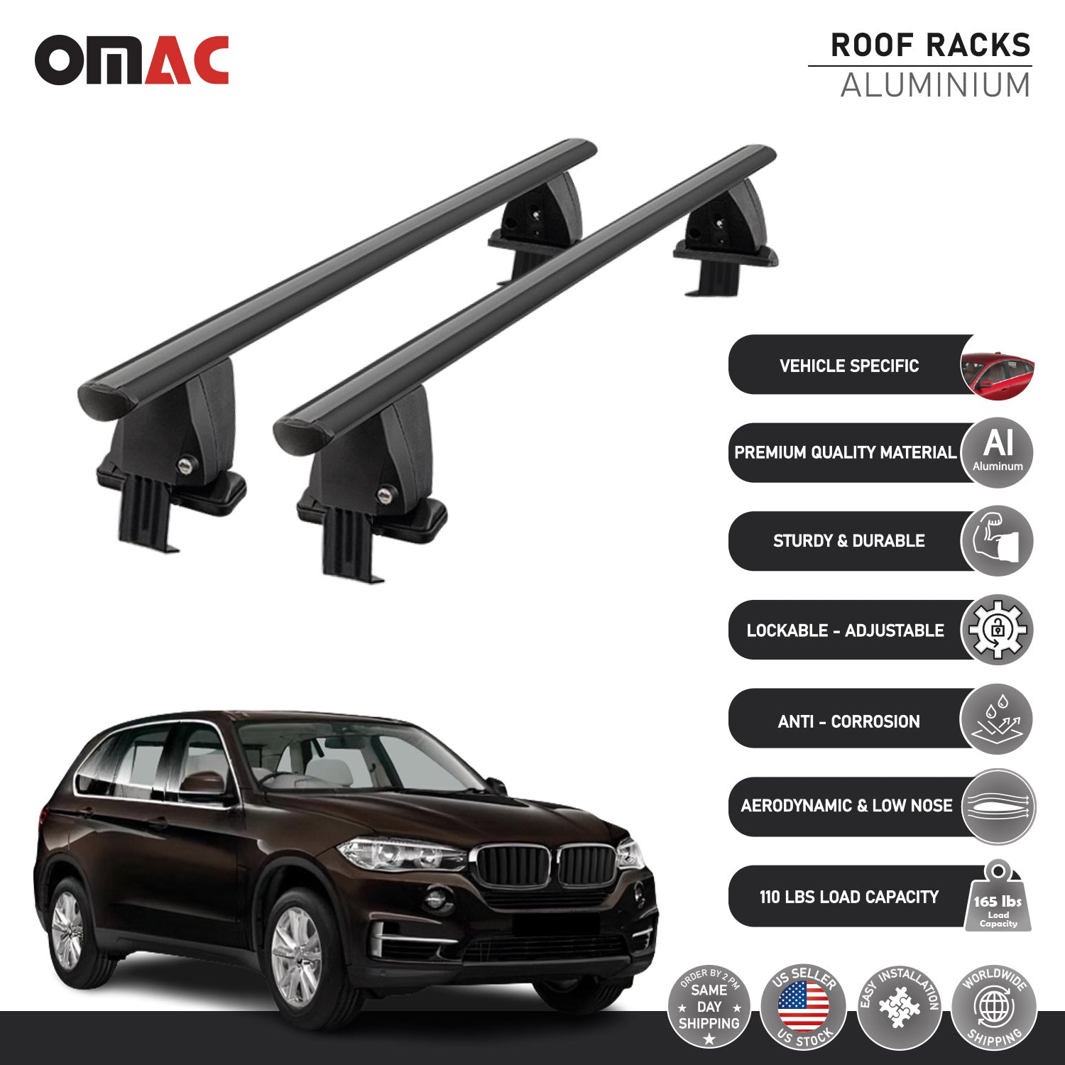 OMAC Roof Rack Cross Bars Lockable, Luggage Carrier Smooth Silver