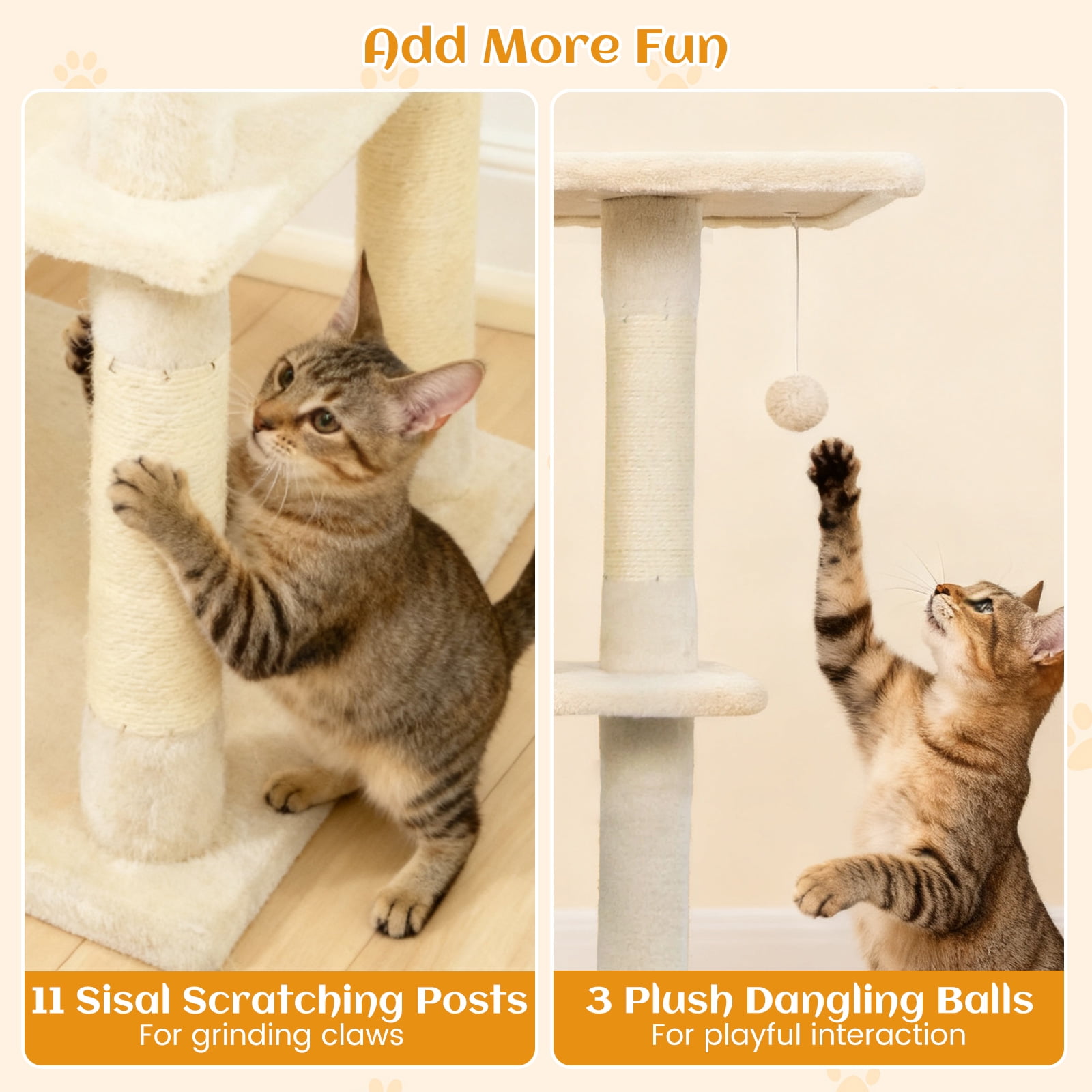 Gymax 80'' Tall Cat Tree w/2 Condos Sisal Scratching Posts Plush Perch Hammock Basket Beige