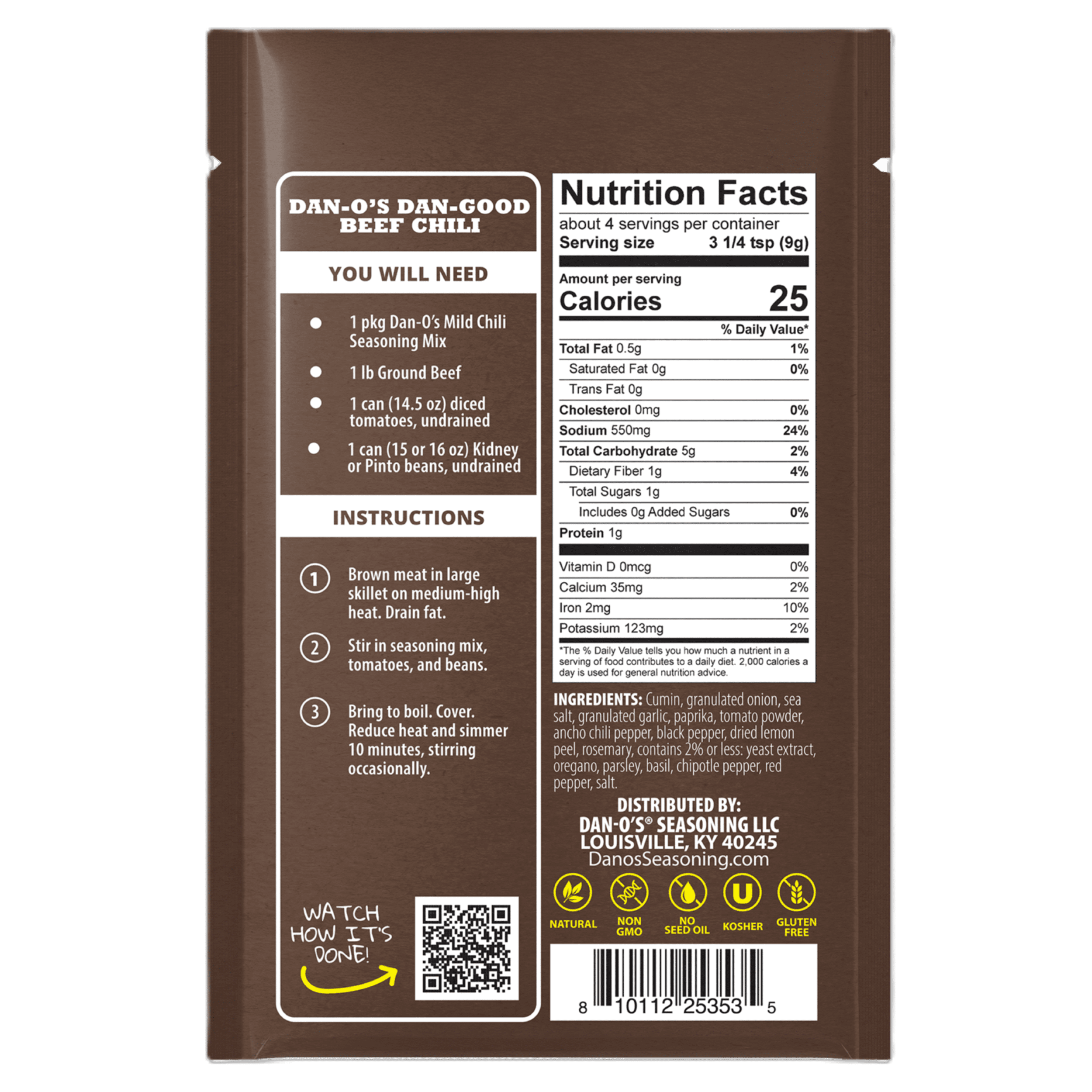 Dan-O's Mild Chili Seasoning 1.25 oz - Perfect for Enhancing Chili, Soups, and One-Pot Meals