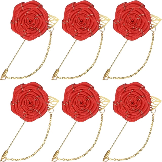 Rose Brooch Pin Cloth Flower with Gold Leaf Brooch, Lapel for Men Wedding Accessories