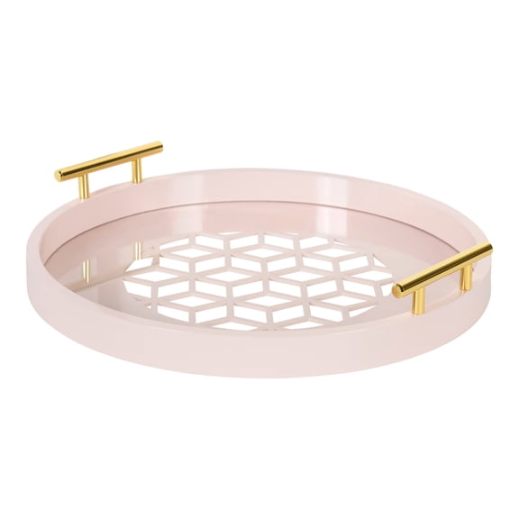 Kate and Laurel Caspen Glam Decorative Serving Tray, 15.5 Inch Diameter, Pink and Gold, Decorative Tray with Round Shape and Polished Gold Metal Handles for Storage and Display