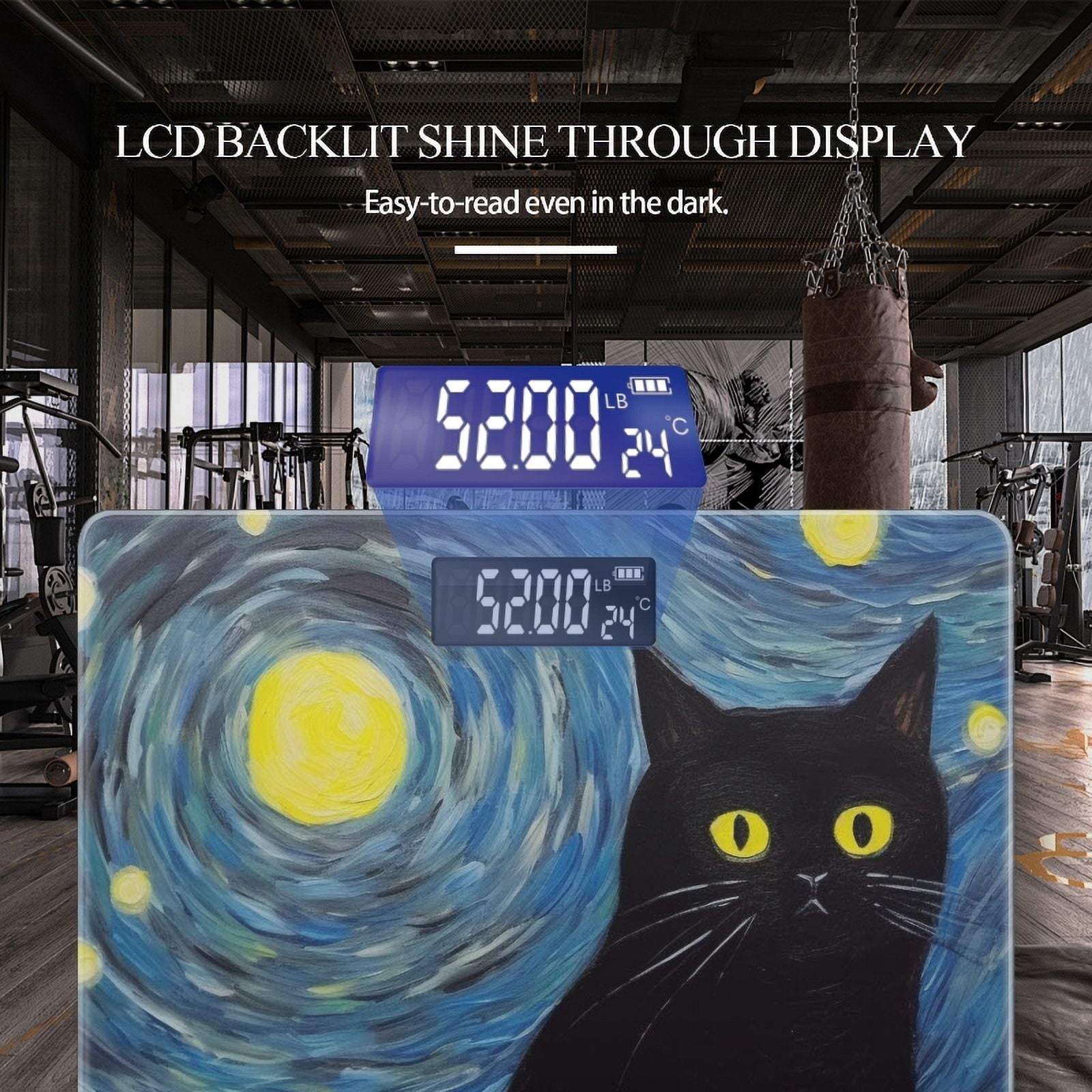 High Precision Body Weight Scale Smart Bathroom Scales with Large LCD Display(400lbs),Decorative for Bedroom-Black Cat Starry Night Painting