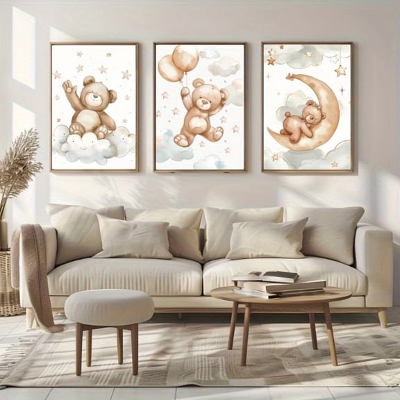 3pcs Modern Bear Canvas Painting Art Prints, Ink Wall Decor, Healing Style Creative Posters for Living Room, Bedroom, Hallway, Valentine's day, Easter eggs, Poster Unframes