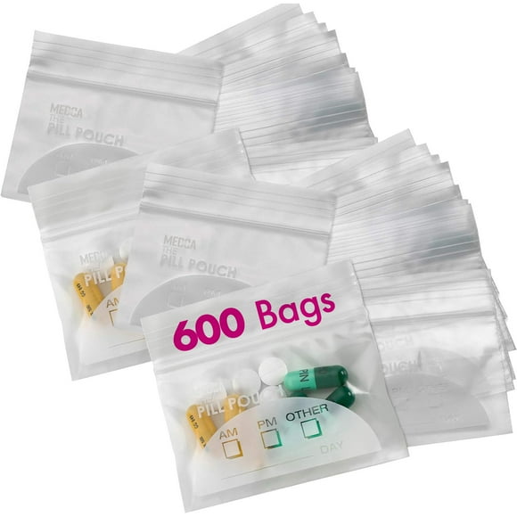 Sacs pour Pilules - (Lot de 600) 3 Pouces x 2,75 Pouces - Sans BPA, Sac en Poly Jetable à Fermeture Éclair pour Pilules Baggies, Organisateur de Médicaments de Voyage Quotidien AM PM pour Rangement, Meilleur Transparent Réutilisable avec Étiquettes à Inscrire