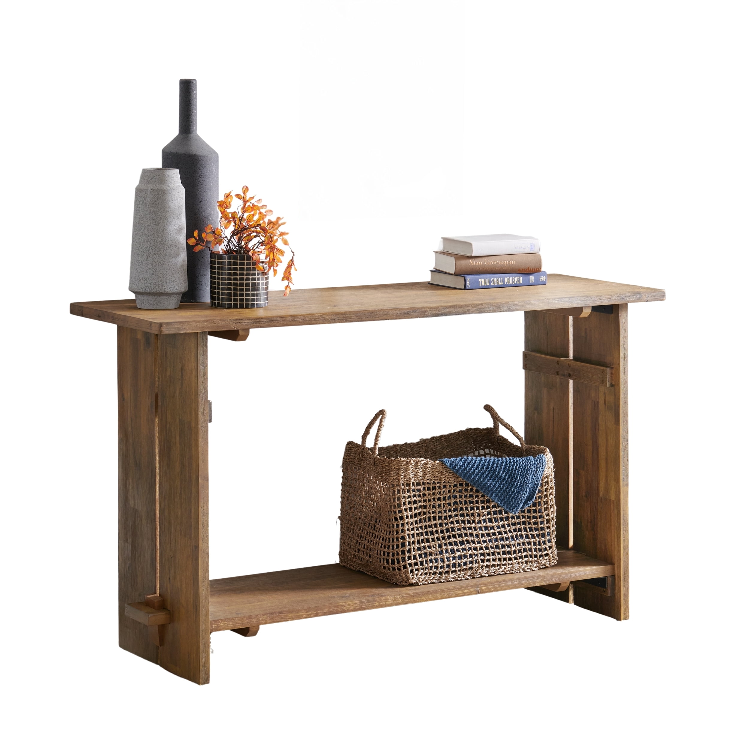 Alaterre Furniture Bethel Acacia Wood Console Table, 52 in. W Entryway Table with Dual Shelf Storage, Rustic Natural Aged Brown
