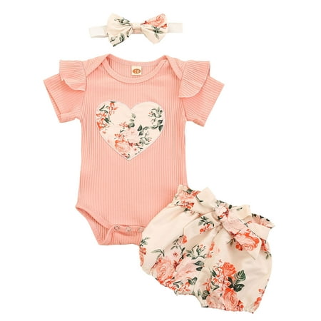 

Pudcoco Baby Girl Summer Set Short Sleeve Romper Shorts Headband