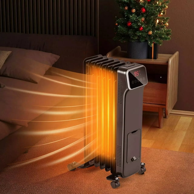 Harmijoy 1500W Electric Radiant Heater, Oil Filled Space Heater w/ Remote, Adjustable Thermostat, 24H Timer & 3 Heating Levels, Portable Indoor Heater w/ Overheat & Tip over Protection