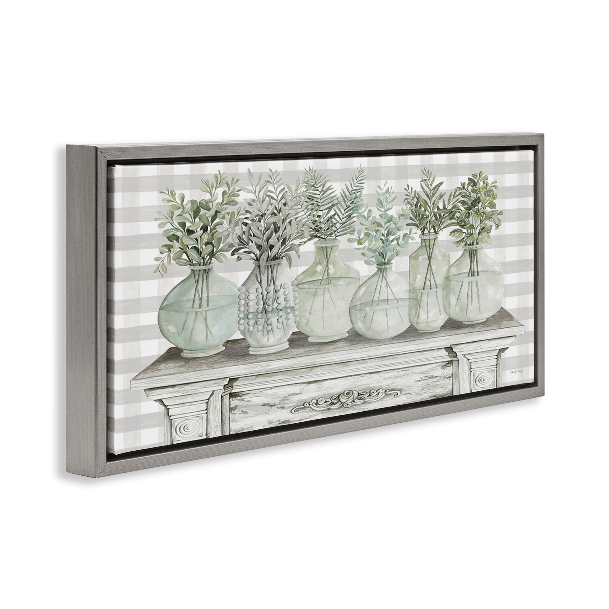 Stupell Industries Country Herb Jars on Gingham Botanical & Floral Painting Gray Floater Framed Canvas Art Print Wall Art, 31 x 14