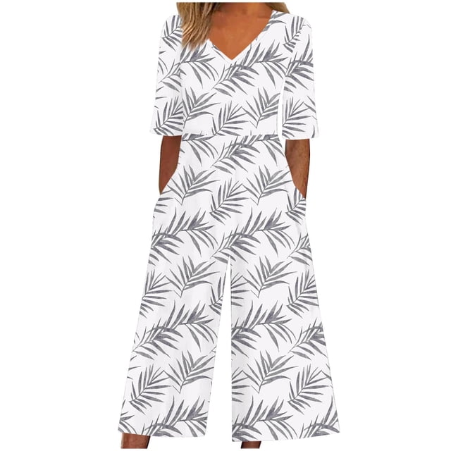 Pantalones de Vestido Casual para las Mujeres Impresión Floral Manga Corta Cuello en V Cremallera Lateral Bolsillo Pantalones de Sudadera para el Verano