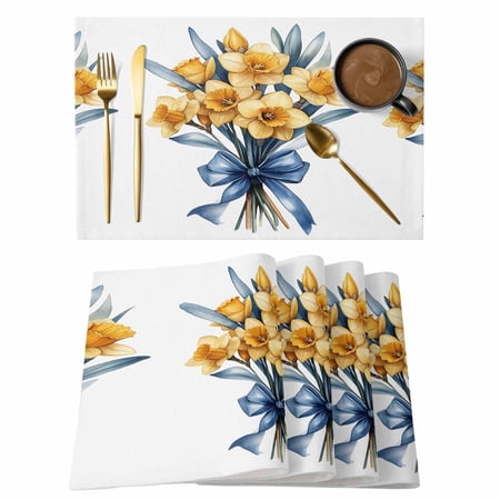 Spring Botanical Placemats Set of 8 Yellow Verdant Flower Patterns Place Mats Indoor Wipeable Table Mats Washable Cloth Dining Table Placemats for Kitchen Holiday Party Home Decor 13x19 Inch