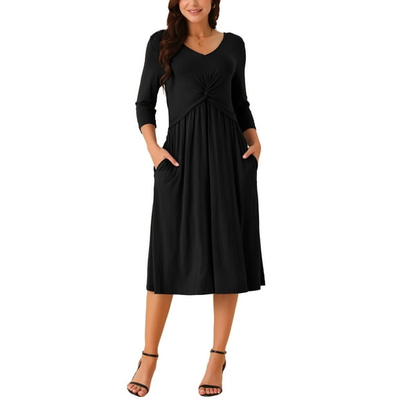 INSPIRE CHIC Women's 2024 Twist Knot Front V Neck 3/4 Sleeve Casual A-line Midi Dress with Pockets