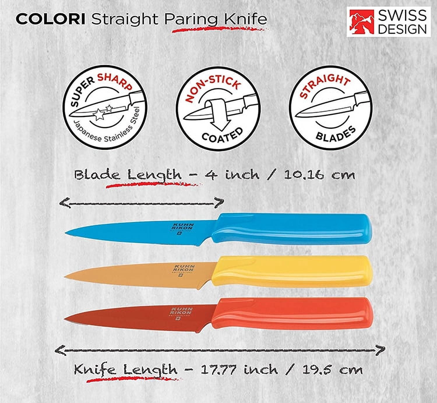 Kuhn Rikon Paring Knife Set, 3 Pack 4 Inch Nonstick Knives with Sheaths