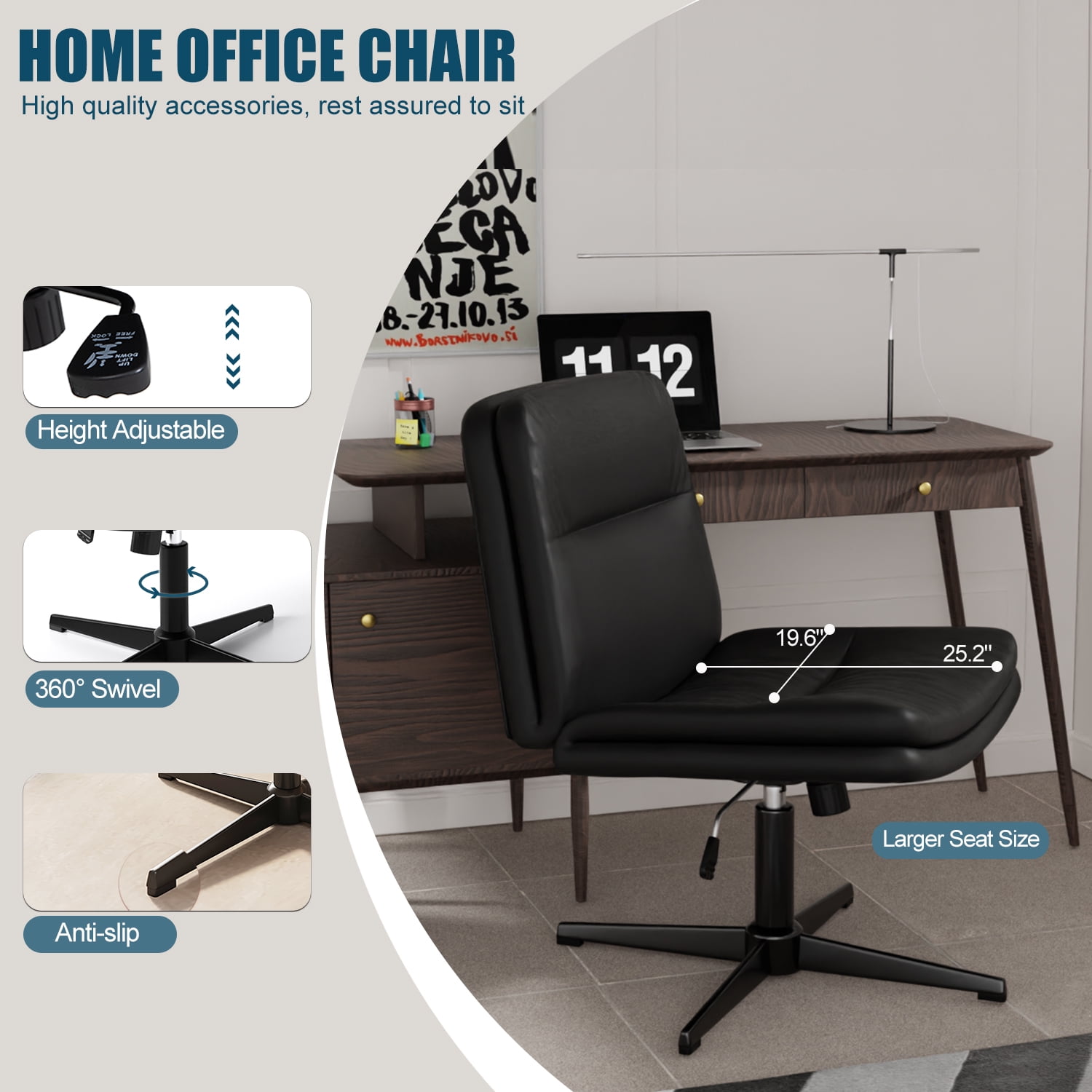 Cross Legged Office Chair,Armless Comfy Criss Cross Chair Wide Seat Ergonomic Home Office Desk Chair No Wheels Swivel Home Office Desk Computer Chair for Vanity Home Office Bedroom,Milky White