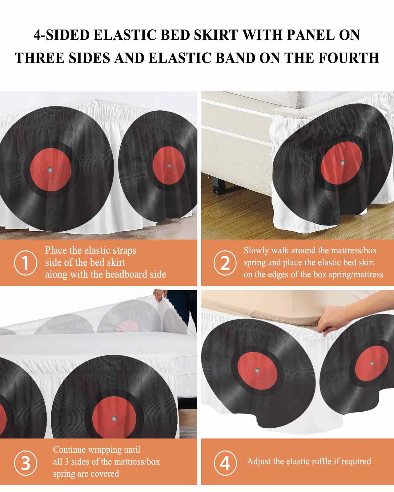 Retro Record Wrap Around Bed Skirts for Queen Bed 16" Drop, Bed Skirt with Adjustable Elastic Belt Dust Ruffle Bed Valance for Bedroom Hotel Luxury Abstract Vintage Minimalist Art Bed Frame Cover