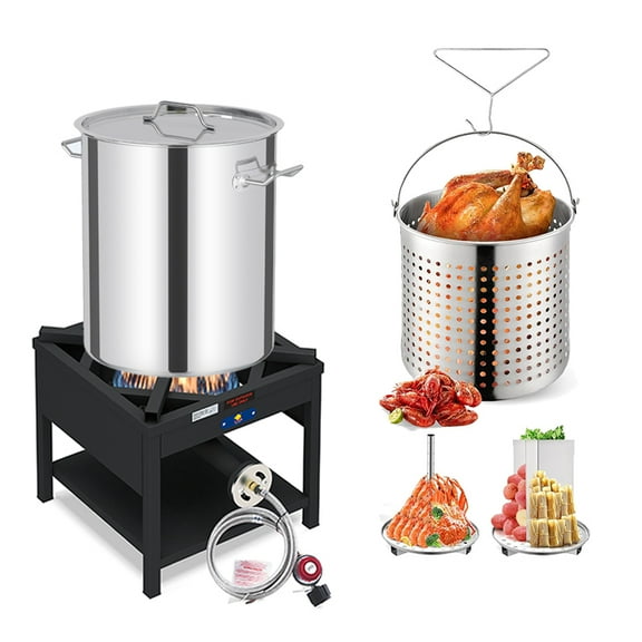 52QT Seafood Boiling Kit, 200,000BTU Propane Burner And Stainless Steel Crawfish Boil Pot w/Basket and Steamer Rack, For Outdoors Cooking and Steaming, Large Turkey Fryer, Lobster Shrimp Pot