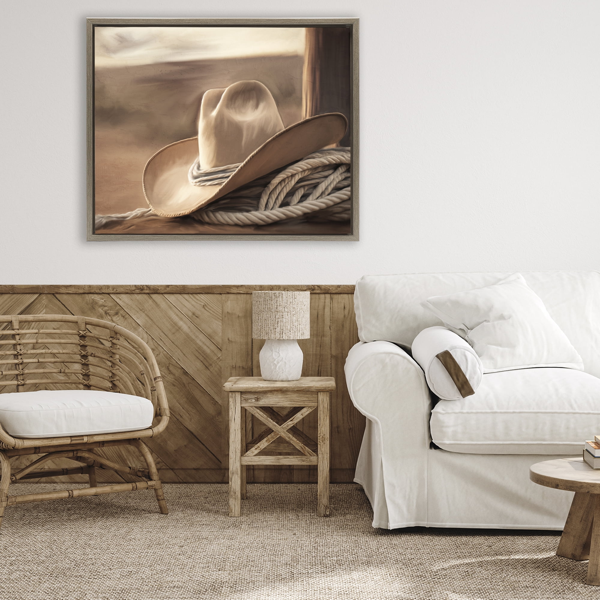 Stupell Industries White Cowboy Hat Brown Framed Floater Canvas Wall Art, design by Kim Allen