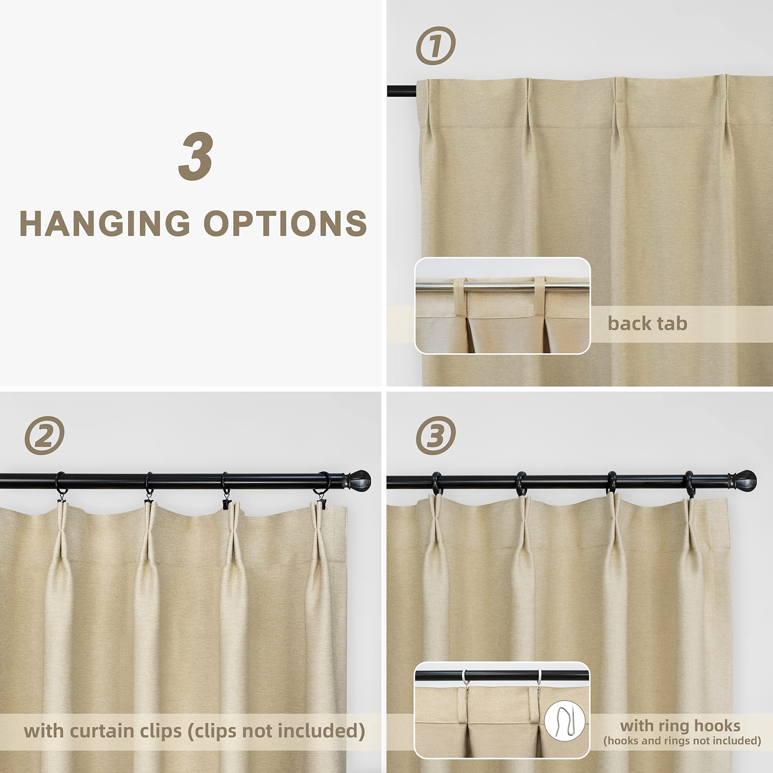 DriftAway Pinch Pleat Blackout Curtains 96 Inches Long 2 Panels Set Faux Linen Textured Curtains for Bedroom Living Room Thermal Insulated Privacy Back Tab Window Drapes 52x96 Beige