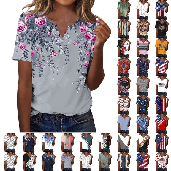 Yourumao Womens Henley Shirts Floral Printed Short Sleeve Tops Button Up Loose Fit T Shirts Summer Graphic Tees for Casual Travel