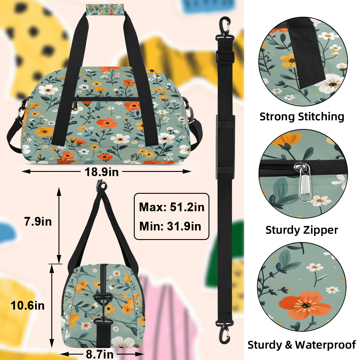Herdesigns Floral Flower Plant Sports Duffle Bag for Women & Men, Blooming Flowers Gym Bag Dance Bag Overnight Bag Carry On Weekender Travel Bag