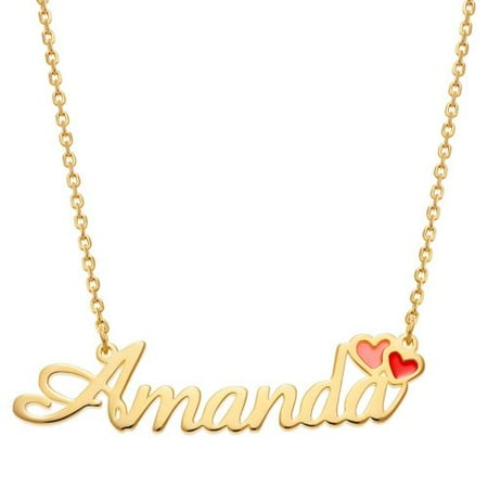 Personalized Planet Women's Gold Plated Script Name with Enamel Hearts Necklace