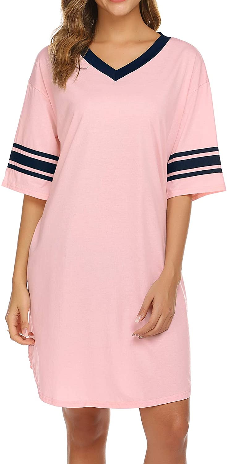 Women's Nightgown, Cotton Sleep Shirt V Neck Short Sleeve Loose Comfy