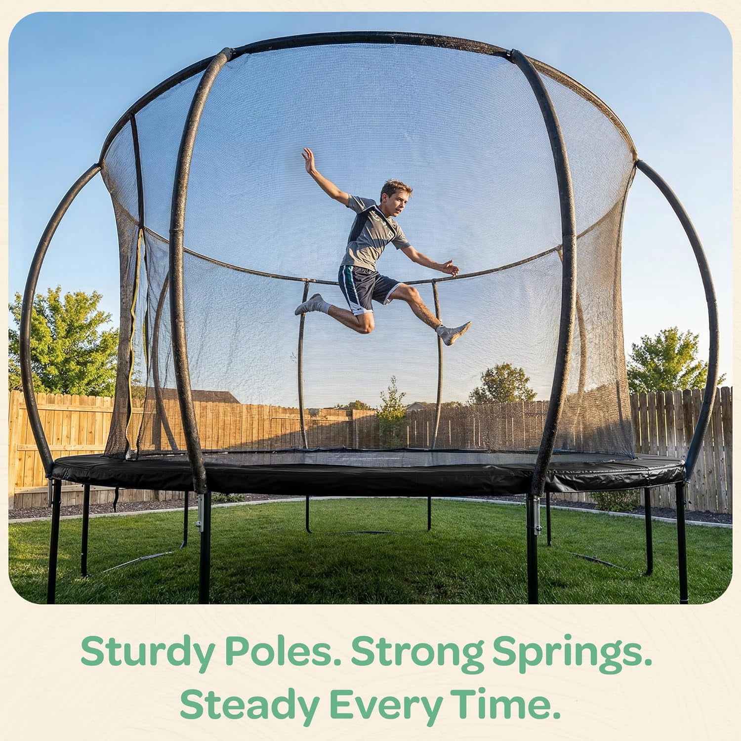 Joyberri trampoline for kids with trampoline net, add-on LED lights, and sprinklers, 14-ft, Black