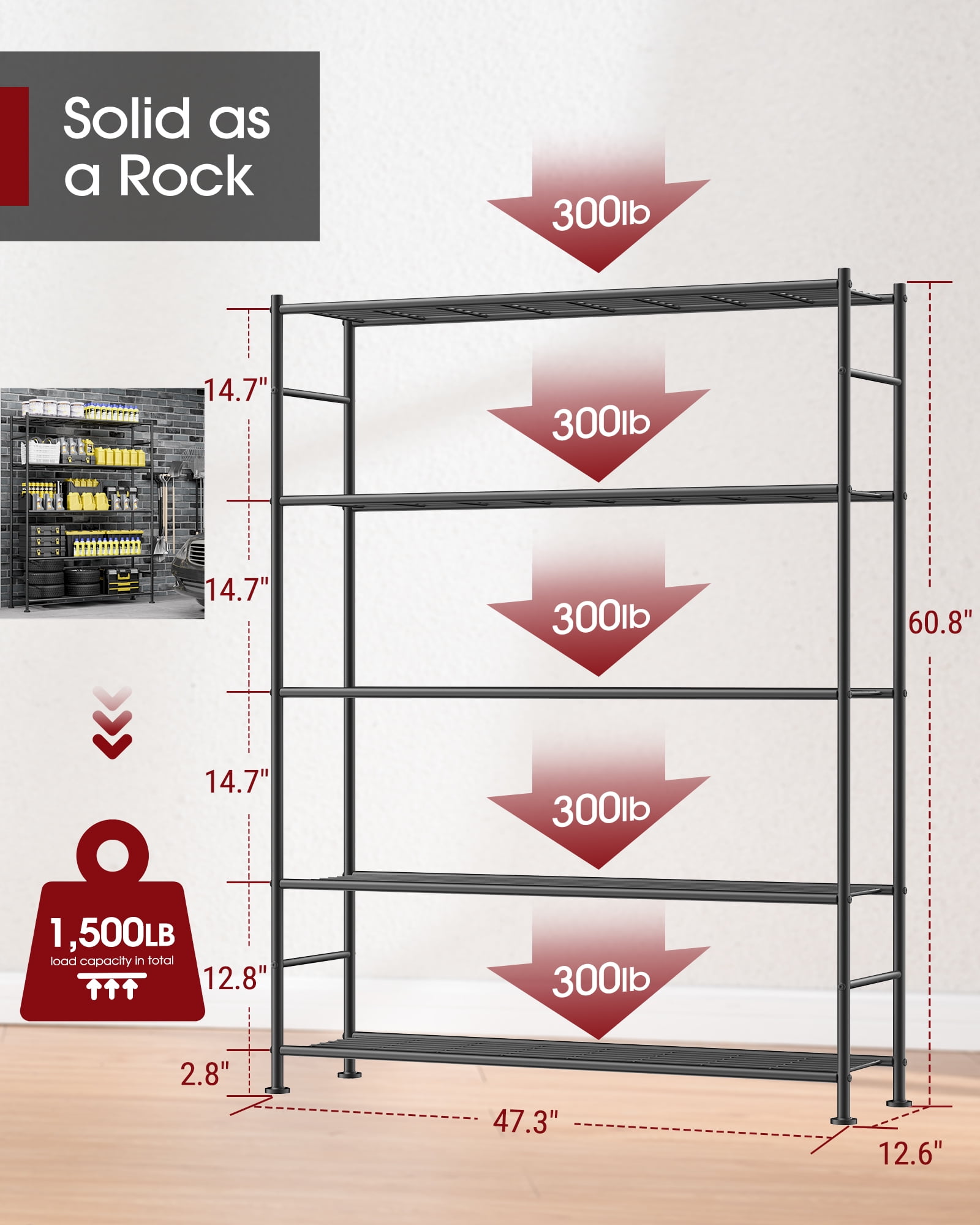 Sakugi 5-Tier Heavy Duty Wire Shelving Unit,47.2" × 12.6" × 60.3" Inches, 1500 lbs Capacity, Black