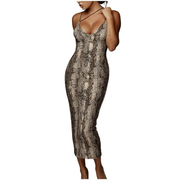 Alkepwun Leopard Print Dress Sexy Spaghetti Strap Deep V Neck Sleeveless Bodycon Dress Midi Club Dress Cocktail Party Cami Dress