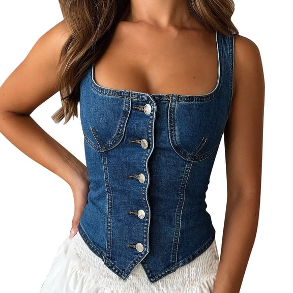 shirts for women New Dark Denim Tank Top with Buckle Shoulder Straps Solid Color Vest