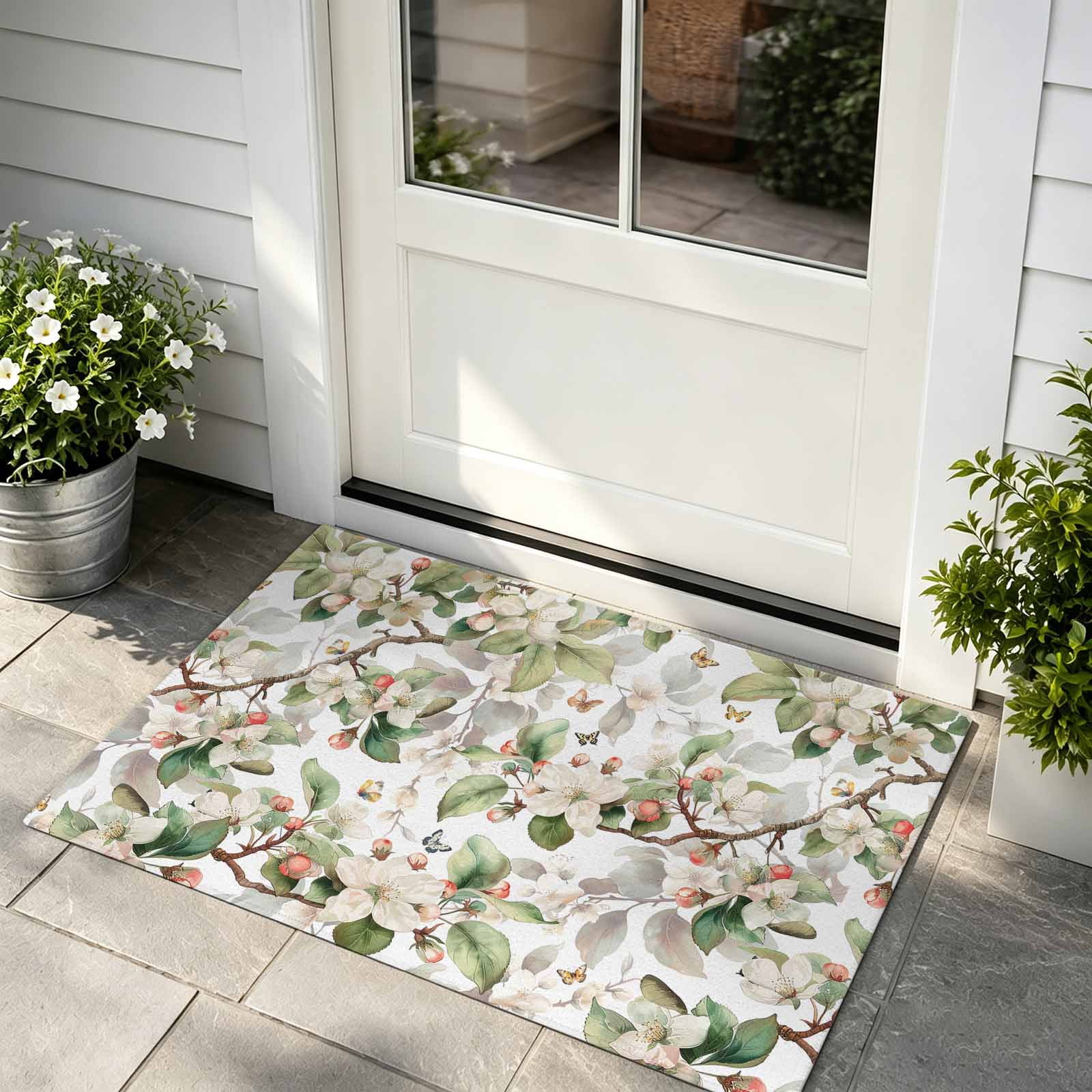 Front Door Mat Indoor Outdoor Entrance Spring Floral Low Profile Doormats Non-Slip Backing Green Botanical Flowers Watercolor Absorbent Welcome Mat for Entryway Hallway 16 x24