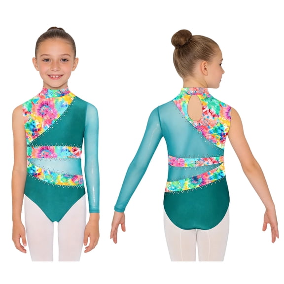AOCHANG Girls One Long Sleeve Printed Rhinestone Ballet Dance Leotard for Gymnastics Figure Skating Performance Green 16