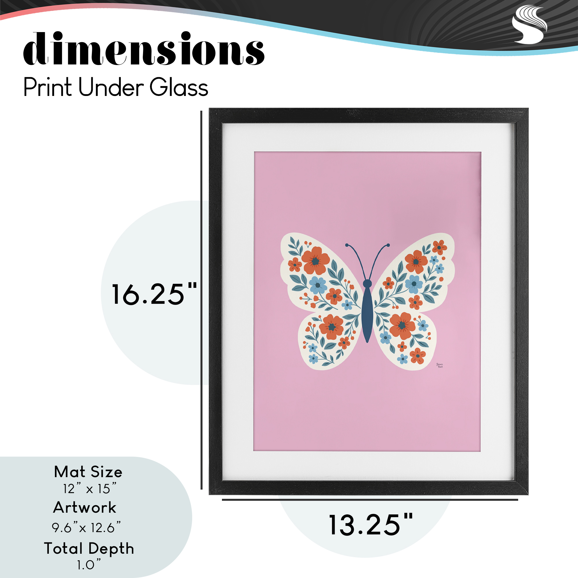 Boho Pink Floral Butterfly Black Framed Print Under Glass, design by Jessica Beck