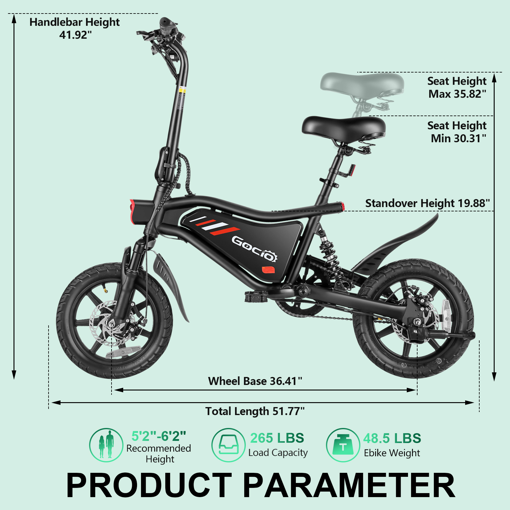 Gocio Adult Foldable Electric Bicycle, 14" Ebike With 550W Peak Power Motor, 48V 7.8Ah Lithium Battery, LCD Display, Urban Commuter Electric Bike For Woman UL2849 Certified