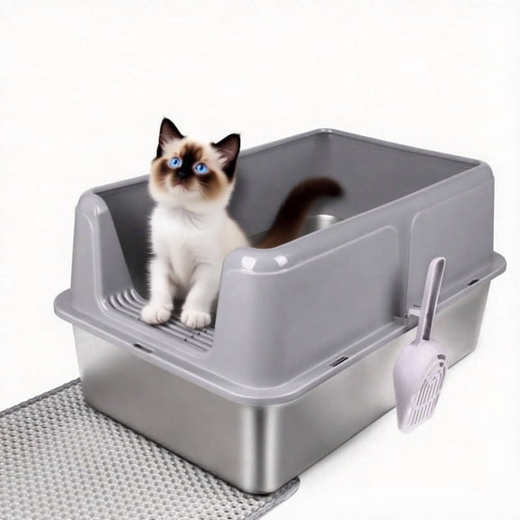 DUNCHATY Stainless Steel Cat Litter Box, XL High-Sided Open-Top Metal Pan for Big Cats & Maine Coons, Anti-Leak, Scoop & Mat, Gray