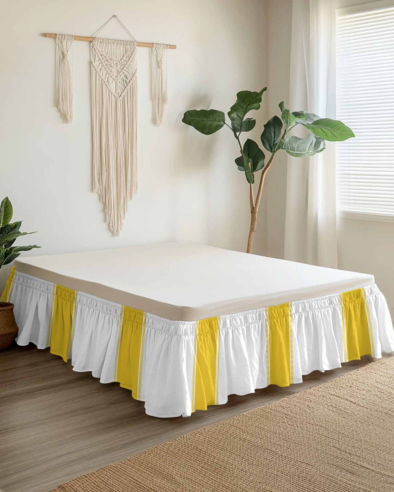 Yellow Stripes Bed Skirt Bed Skirts Queen Size 16 Inch Drop, Wrap Around Dust Ruffle&nbsp;Bedskirt with Adjustable Elastic Belt for Queen Size Beds