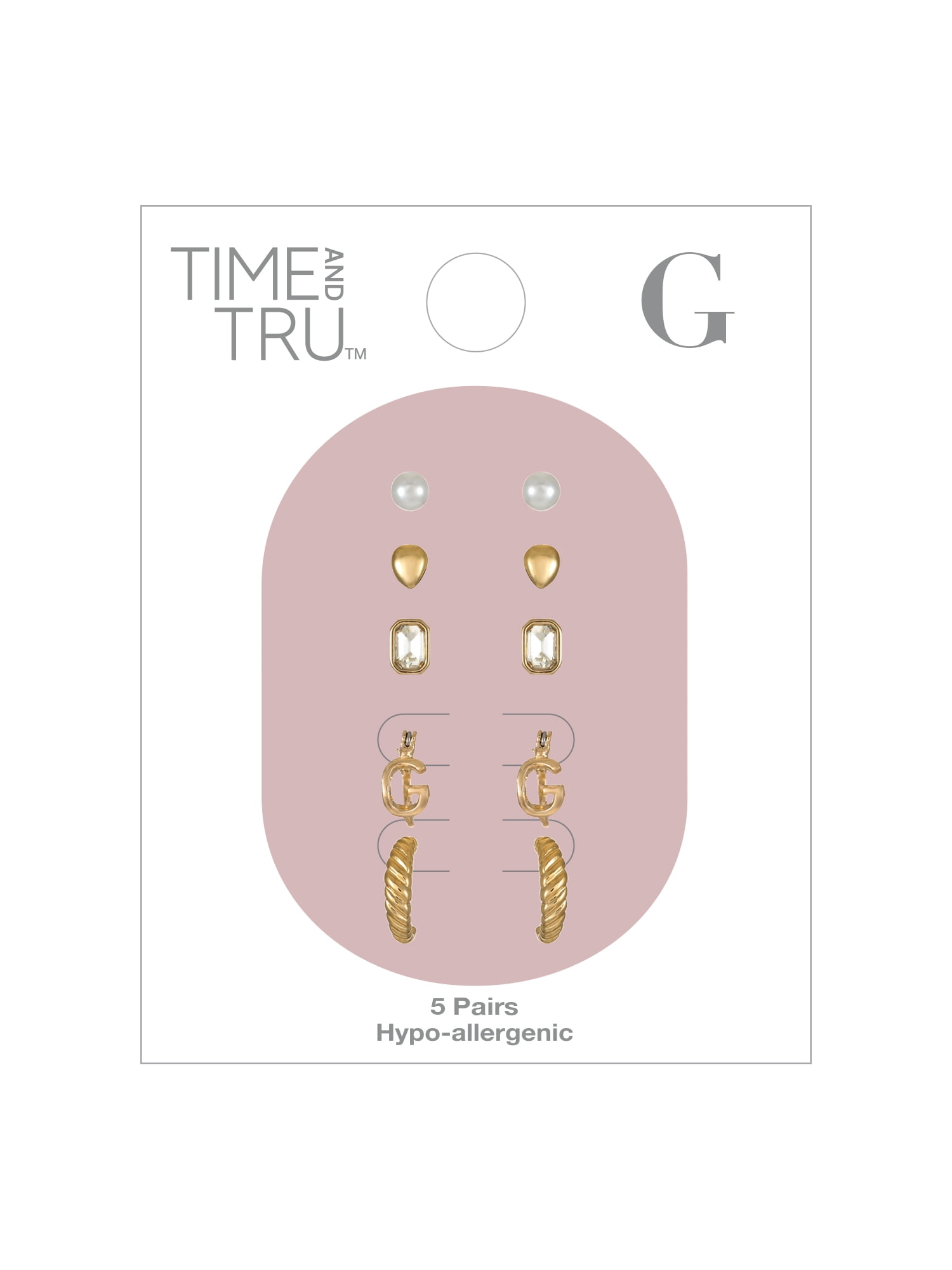 Time and Tru Goldtone Multi Earring Set, 5 Pairs, Initial G