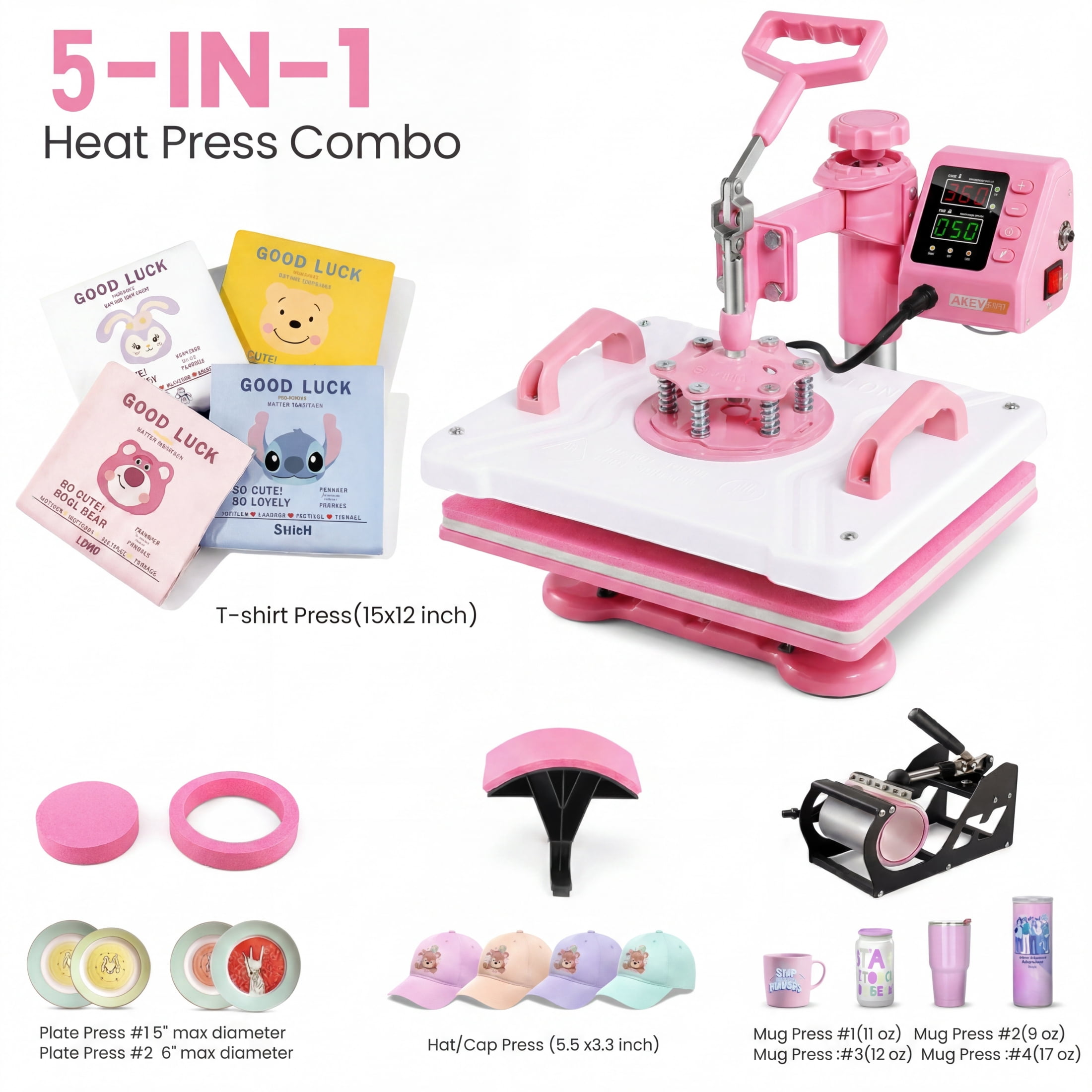 Adnoom Heat Press Machine 12x15 5 in 1 Combo, 900W Digital Heat Press 360° Swing Away, Sublimation Heat Transfer Machine for Tshirt Plate Cap Mug, Pink
