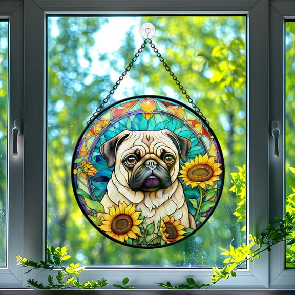 89Bloom Pug Window Hanging Stained Glass, Pug Suncatchers for Windows Stained Glass, Stained Glass Dog suncatcher, Dog Stained Glass
