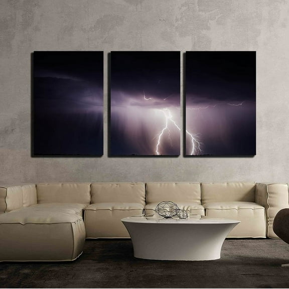 wall26 - 3 Piece Canvas Wall Art - Lightning in Dark Night Sky - Modern Home Art Stretched and Framed Ready to Hang - 24"x36"x3 Panels
