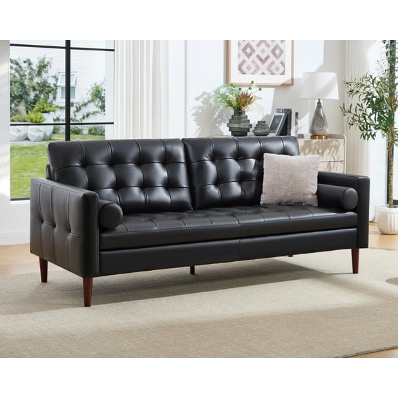 VanAcc Leather Sofa, Mid Century Modern Genuine Leather Sofa, 3 Seater Comfy Couch for Living Room Home Office, Black Leather Couch
