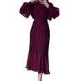 thumbnail image 5 of Quixlent Women Evening Dress Pleated A-line Long Lantern Sleeves Pleated See-through Mesh Stand Collar Tight Waist Ruffle Patchwork Maxi Dress, 5 of 8